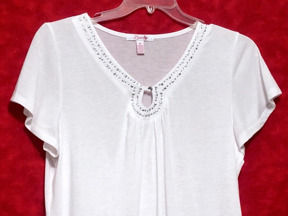 Lena White Jeweled Rhinestone Blouse Top Shirt T-Shirt XL Short Sleeve